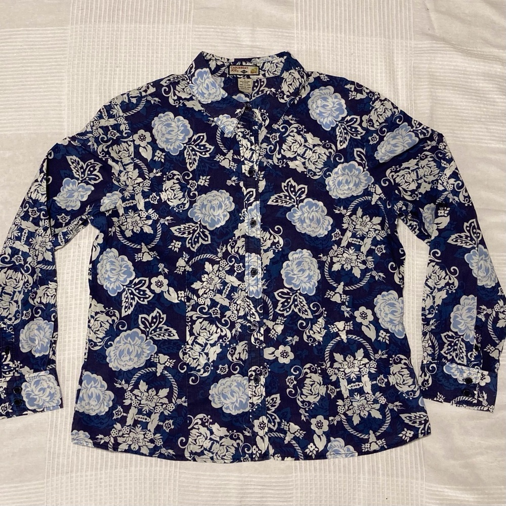 Caribbean Joe 100% Cotton Blue Floral Button Down Shirt